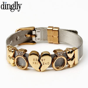 DINGLLY Two-tone Stainless Steel Mesh Bracelets For Women Men Golden Love Heart Beaded 10mm Ribbon Mesh Bracelet &amp; Bangle Gifts