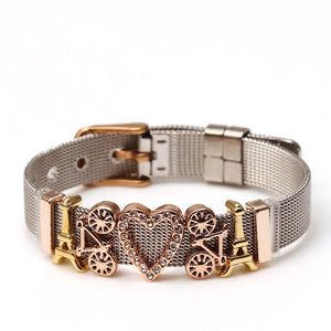 DINGLLY Two-tone Stainless Steel Mesh Bracelets For Women Men Golden Love Heart Beaded 10mm Ribbon Mesh Bracelet &amp; Bangle Gifts