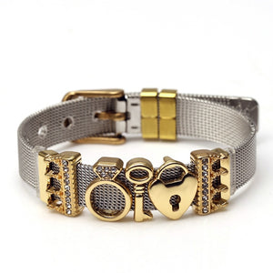 DINGLLY Two-tone Stainless Steel Mesh Bracelets For Women Men Golden Love Heart Beaded 10mm Ribbon Mesh Bracelet &amp; Bangle Gifts