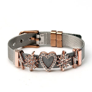 DINGLLY Two-tone Stainless Steel Mesh Bracelets For Women Men Golden Love Heart Beaded 10mm Ribbon Mesh Bracelet &amp; Bangle Gifts