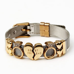 DINGLLY Two-tone Stainless Steel Mesh Bracelets For Women Men Golden Love Heart Beaded 10mm Ribbon Mesh Bracelet &amp; Bangle Gifts
