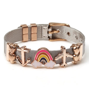 DINGLLY Two-tone Stainless Steel Mesh Bracelets For Women Men Golden Love Heart Beaded 10mm Ribbon Mesh Bracelet &amp; Bangle Gifts
