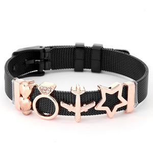 DINGLLY Two-tone Stainless Steel Mesh Bracelets For Women Men Golden Love Heart Beaded 10mm Ribbon Mesh Bracelet &amp; Bangle Gifts