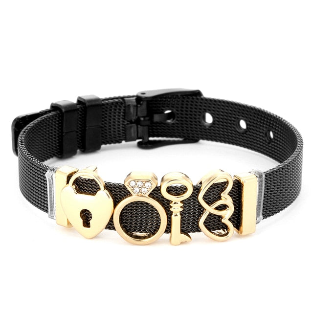 DINGLLY Two-tone Stainless Steel Mesh Bracelets For Women Men Golden Love Heart Beaded 10mm Ribbon Mesh Bracelet & Bangle Gifts