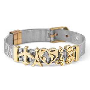DINGLLY Two-tone Stainless Steel Mesh Bracelets For Women Men Golden Love Heart Beaded 10mm Ribbon Mesh Bracelet &amp; Bangle Gifts