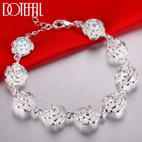 DOTEFFIL 925 Sterling Silver Full Rose Flower Chain Bracelet For Women Wedding Engagement Party Fashion Jewelry