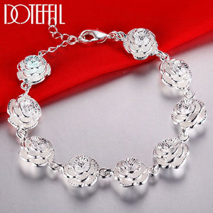 DOTEFFIL 925 Sterling Silver Full Rose Flower Chain Bracelet For Women Wedding Engagement Party Fashion Jewelry