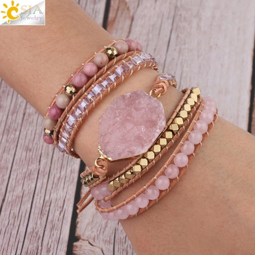 CSJA Natural Stone Bracelet Pink Quartz Leather Wrap Bracelets for Women Rose Gems Crystal Beads Bohemia  Jewelry 5 Strand S308