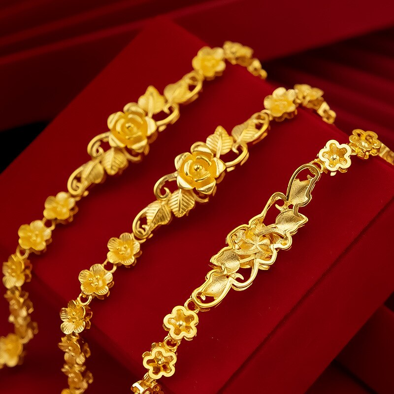 14K Gold Bangles Jewelry for Women Not Fade Gold Bracelets Feminina Bizuteria Wedding Gemstone 14 K Gold Flower Bangles Females